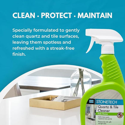 StoneTech Quartz & Tile Cleaner Spray – Quartz Countertop Cleaner for Engineered Stone, Ceramic & Porcelain – Removes Dirt & Spills – 2-Pack, 24oz Each + 2 Microfiber Cloths Fresh Scent
