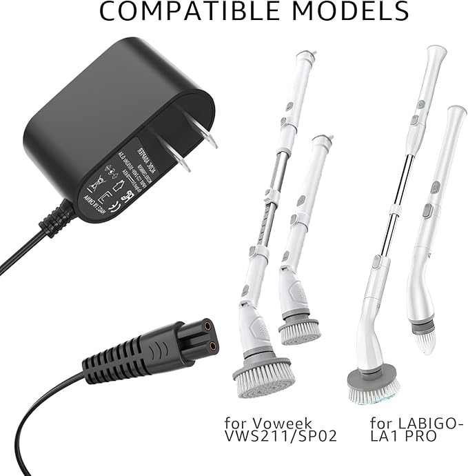 Replacement for Voweek Electric Spin Scrubber 9V Charger,Compatible with Voweek SP02/VWS211/ LABIGO LA1 Electric Spin Scrubber Power Cord Charger(1Pcs)