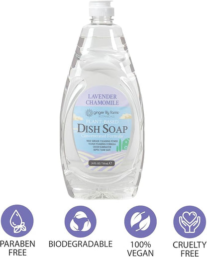 Ginger Lily Farms Botanicals Plant-Based Liquid Dish Soap, Concentrated Formula with Max Grease Cleaning Power, Cruelty-Free, Lavender Chamomile Scent, 24 Fl Oz (Pack of 8)