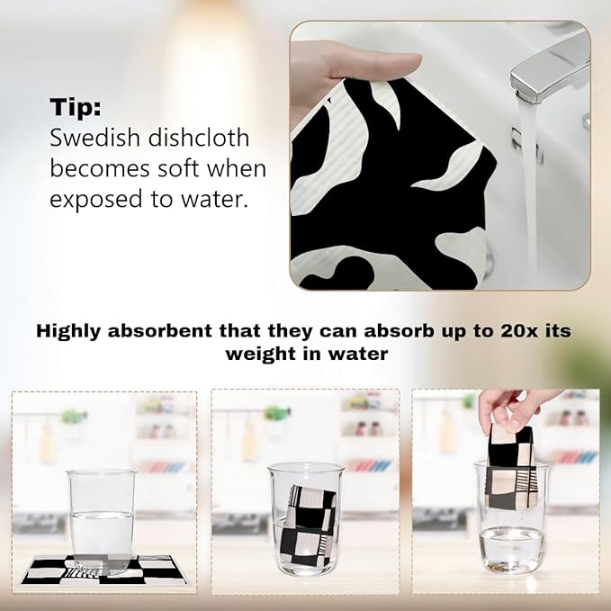 6 Pack Swedish Dishcloths, Black White Geometric Reusable Washable, Quick Drying, Dishwasher Safe for Kitchen Home Cleaning，Kitchen Gifts for Women