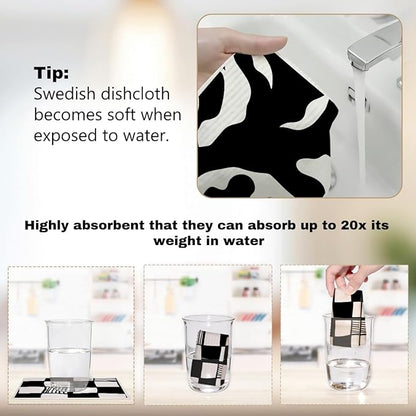 6 Pack Swedish Dishcloths, Black White Geometric Reusable Washable, Quick Drying, Dishwasher Safe for Kitchen Home Cleaning，Kitchen Gifts for Women