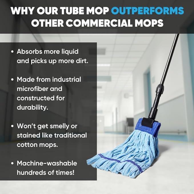 Commercial Mop Head Replacement – 1 Pack Blue Large Microfiber Tube Mop (18 oz.) | Industrial Wet Mops | Washable Refill, Reusable, Heavy Duty, Looped End Mopheads | Hardwood, Concrete