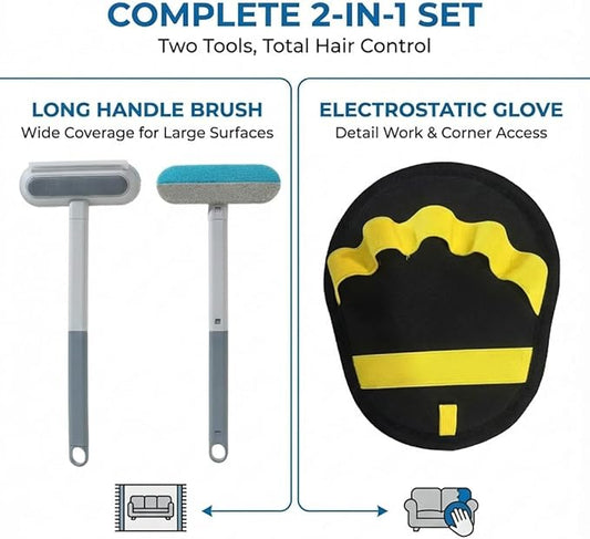 Pet Hair Remover Set, 3-in-1 Pet Hair Remover Brush with Built-in Detail Brush & Long Handle, Magic Pet Hair Removal Glove, Multi-Surface Pet Hair Remover for Home & Car & Furniture