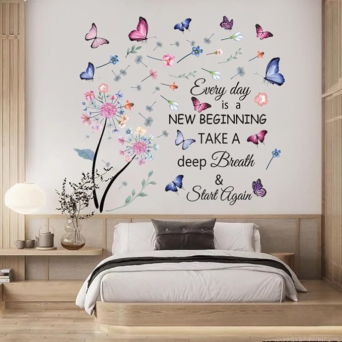 Flowers Wall Decals Removable Dandelion Wall Stickers Inspirational Quotes Flying Butterfly Wall Stickers Murals Self-Adhesive Peel and Stick Colorful Flower Wall Decor for Girls Bedroom Living Room