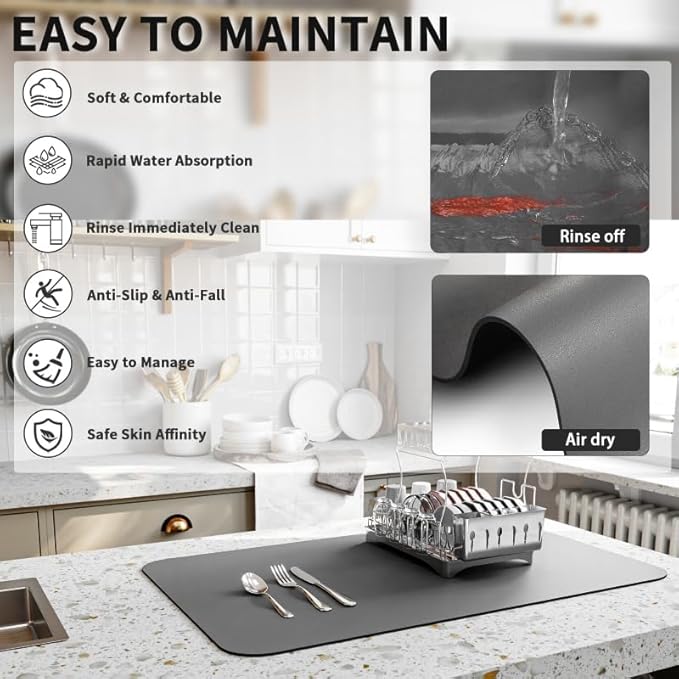 HotLive Dish Drying Mat for Kitchen Counter, Heat Resistant Drainer Mats with Non-slip Rubber Backed, Hide Stain Kitchen Super Absorbent Draining Mat, Easy to Clean Dish Rack Pad, Dark Grey 18"x32"