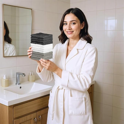 100% Cotton Washcloth Set – Soft, Absorbent Face Towels for Bathroom & Gym Use –Reusable, Durable & Machine Washable - Dark Grey, White & Light Grey, 12x12 Inches, Pack of 12