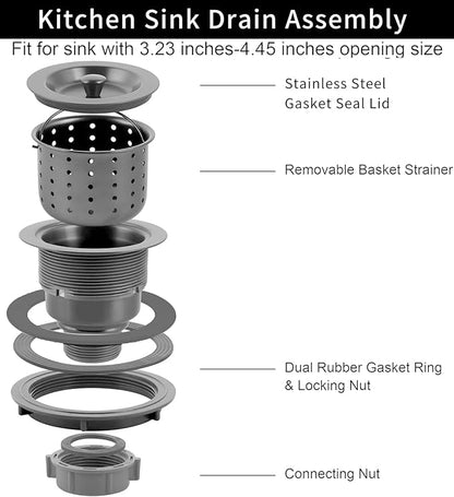 Sink Strainer Kitchen Sink Drain Assembly Kit 3-1/2 Inch with Kitchen Sink Drain Basket,304 Stainless Steel Sink Stopper & Cover Lid，Stainless Steel Matt Black