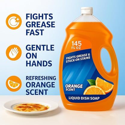 Orange Scent Ultra Dishwashing Liquid – Triple Action Concentrated Dish Soap for Kitchen, Grease-Cutting Formula for Pots, Pans & Dishes, 145 fl oz
