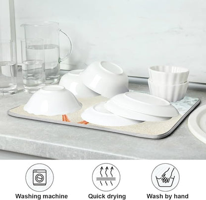 Sweetshow Summer Beach Dish Drying Mat 16 x 18 Inch Sea Wave Shells Starfish Drying Mat with High Absorbent Reversible Microfiber Kitchen Mat Dish Rack Pad Dish Drainer Mat Kitchen Counter Coffee Bar