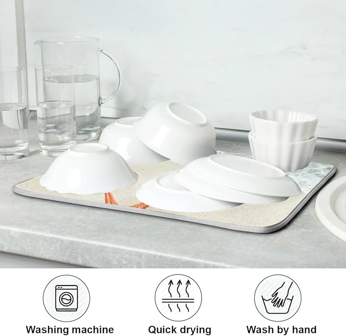 Summer Beach Dish Drying Mat 18 x 24 Inch Sea Wave Shells Starfish Drying Mat with High Absorbent Reversible Microfiber Kitchen Mat Dish Rack Pad Dish Drainer Mat for Kitchen Counter Coffee Bar