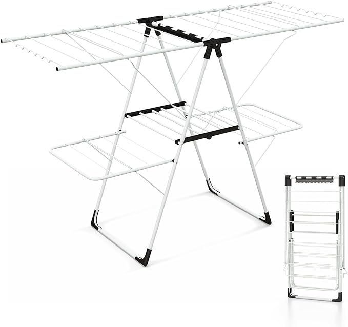 Tangkula Laundry Drying Rack, Foldable Clothes Drying Rack with Height Adjustable Wings, 33 Drying Rails & Sock Clips, Freestanding Gullwing Garment Stand for Indoor & Outdoor Use (White+Grey)