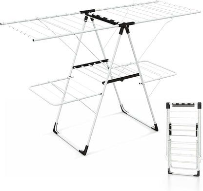 Tangkula Laundry Drying Rack, Foldable Clothes Drying Rack with Height Adjustable Wings, 33 Drying Rails & Sock Clips, Freestanding Gullwing Garment Stand for Indoor & Outdoor Use (White+Grey)