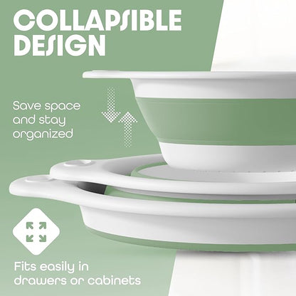 Gevoli Collapsible Colanders (3 Pack Set) Food Strainers with Over-Sink Water Draining Base for Pasta Fruits and Vegetables, White/Sage (3 Sizes, 3QT, 4QT and 5 Quart)