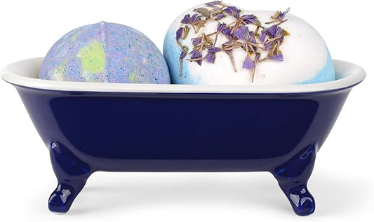 6.5" Ceramic Mini Decorative Clawfoot Bathtub Bar Soap Dish, Kitchen Sponge Holder and Shower Tray for Bathroom, 1 Pack(Navy Blue)