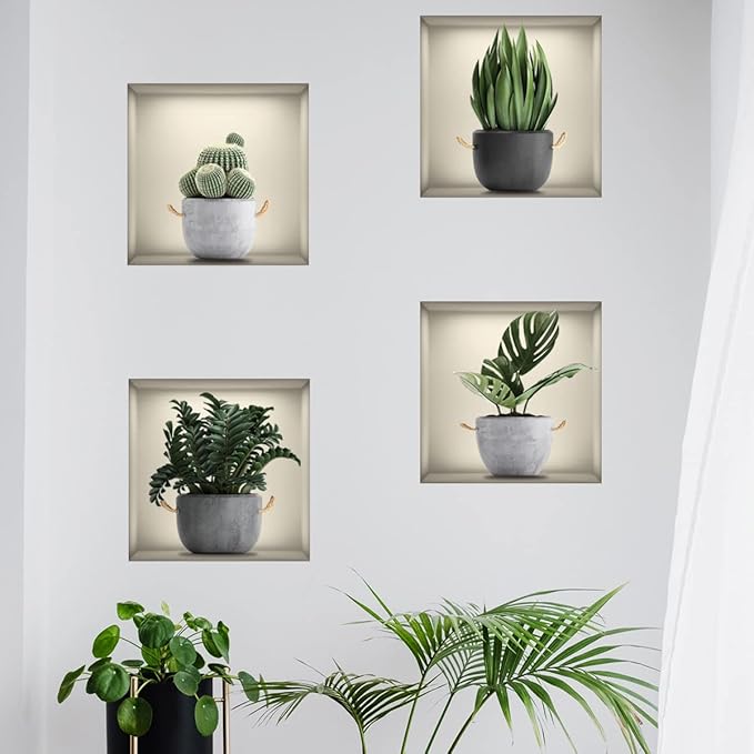 3D Wall Stickers DIY Flower Wall Decal Removable Waterproof Wall Art Decor for Bedroom Living Room Offices Home Decoration (Green Pot Plants)