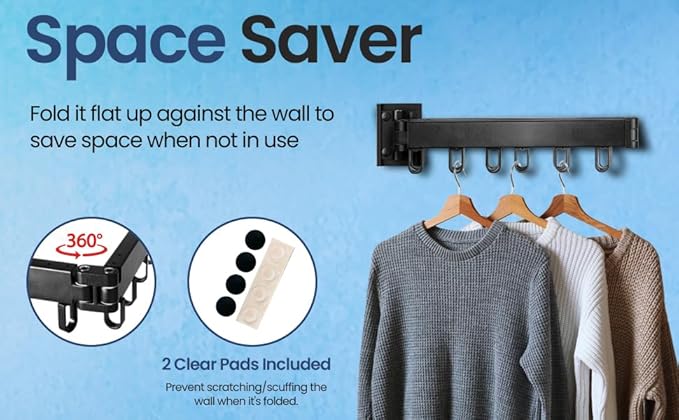 Foldable Wall Mounted Clothes Drying Rack – Heavy Duty Collapsible Laundry Rack with Hooks for Indoor/Outdoor Use, Perfect for Small Apartments and Space Saving Drying Needs