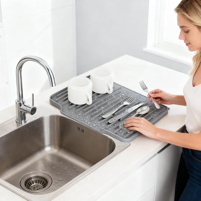 Silicone Kitchen Countertop Dish Drying Mat with Water Collection Tray Non-Slip Pad ( Grey)