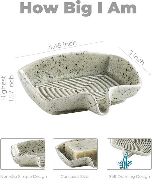 Self Draining Soap Dish, Ceramic Drain Soap Holder Waterfall Design Soap Saver for Shower, Bathroom, Sink, Kitchen and Countertop, Keeps Dry, Speckled Glaze