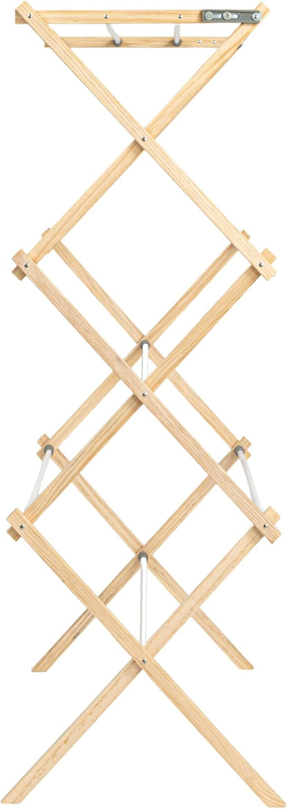 Household Essentials X-Frame Clothes Drying Rack, Stabile Wood Frame with Slanted Feet, Smooth Vinyl Wrapped Rods, 23.8 Feet of Hanging Space, Ready to Assemble, Flat Top, Natural