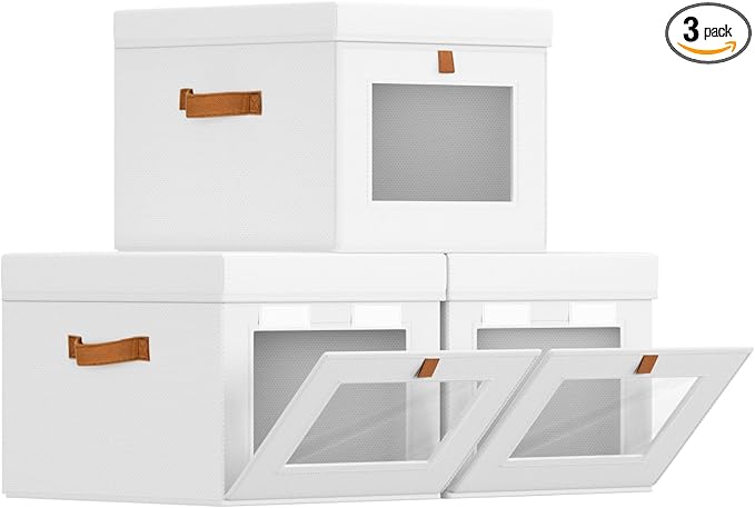 Storage Bins with Lid – Closet Organizer with Side Opening and Clear Window, Foldable Stackable Fabric Basket for Clothes, Home, Office - 13.77" x 11.8" x 9.8", 3 Pack, White