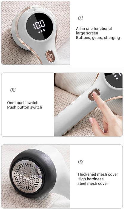 Electric Fabric Shaver Lint Remover, Rechargeable Electric Portable Sweater Defuzzer with Digital Display, Adjustable 6 Leaf Blades Lint Remover for Clothes Furniture (White)