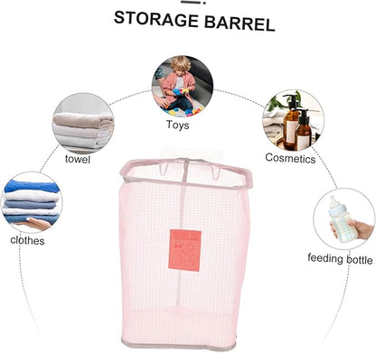 MAGICLULU Folding Wall-mounted Dirty Clothes Storage Basket Mesh Laundry Organizer Nail Hook Space-saving for Apartments and Hotels Pink