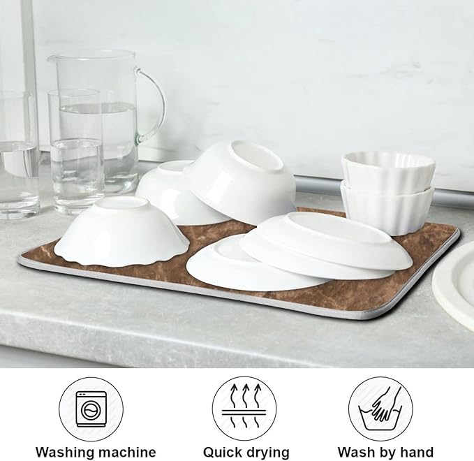 Brown Marble Texture Absorbent Dishes Drainer/Rack Mat for Countertop Small Size 16 x 18, Microfiber Dish Drying Pads Kitchen Counter Draining Pad