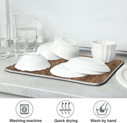 Brown Marble Texture Absorbent Dishes Drainer/Rack Mat for Countertop Small Size 16 x 18, Microfiber Dish Drying Pads Kitchen Counter Draining Pad
