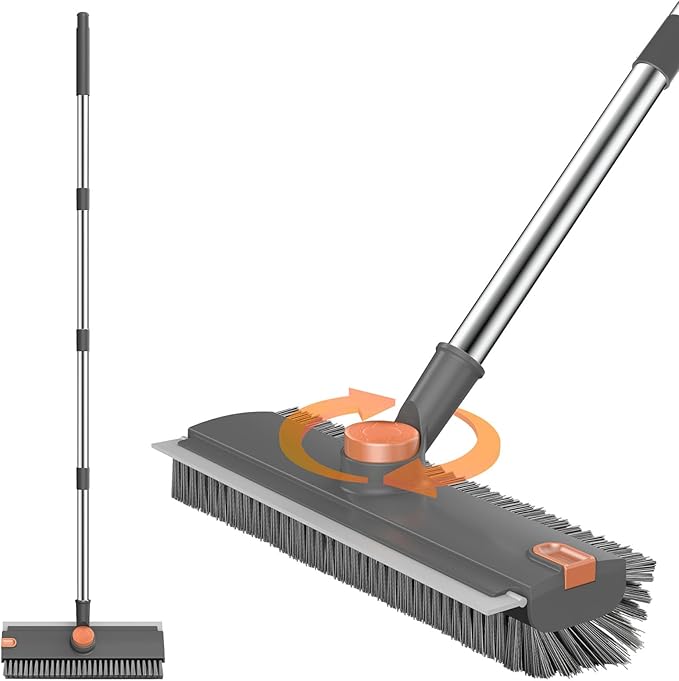 SetSail Floor Scrub Brush, 3 in 1 Floor Scrub Brush with 54-in Adjustable Long Handle and Scraper Heavy Duty Stiff Bristle Floor Scrubber for Cleaning Shower Bathroom Kitchen Patio Garage, Grey&Orange