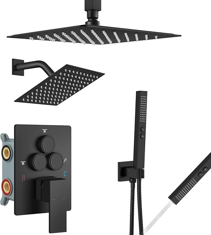 Aolemi Shower Faucet Set Ceiling Mount Shower System Rough-in Valve and Shower Trim Kit 2 in 1 Handheld Spray Push Button Diverter 10 and 6 Inch Dual Shower Head Matte Black