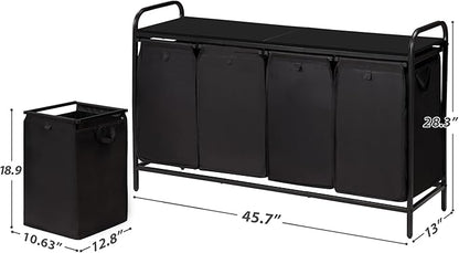 4 Section Laundry Hamper with Shelf, Laundry Basket Organizer with 4 Pull-Out Removable Bags 4×11.5Gal(43.4L), Laundry Sorter for Clothes Organization in Bedroom, Laundry Room, Black