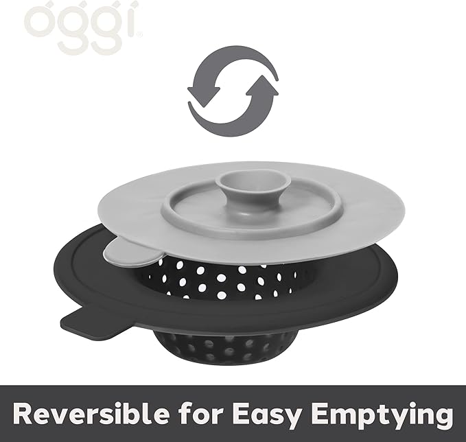 OGGI Silicone Sink Strainer & Stopper Set- Great Kitchen Sink Strainer, Silicone Drain Stopper, Sink Drain Strainer, Sink Plug 4.6˝ Diameter Rim, Black