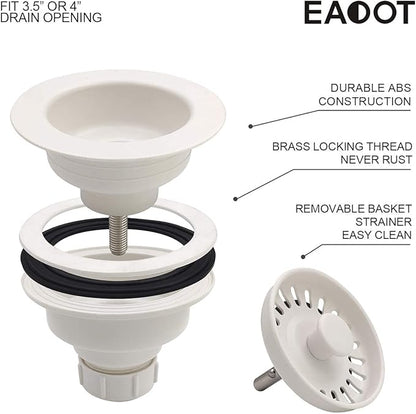 White Polymer Drain Kitchen Sink Drain Assembly with Removable Basket Strainer and Rubber Stopper for 3.5-Inch Drain Openings, Matching Color of Quartz, Granite Sinks