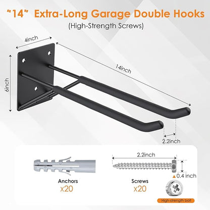 14" Garage Hooks Heavy Duty 8-Pack - Garage Storage System Hooks, Ladder Hooks for Garage Wall & Broom Holder Wall Mount | Non-Slip Tire Rack & Heavy Duty Wall Hooks for Hanging Ladders, Chairs.