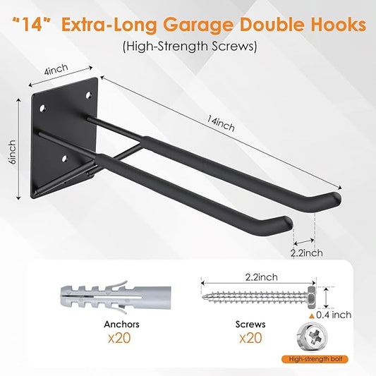 14" Garage Hooks Heavy Duty 4-Pack - Garage Storage System Hooks, Ladder Hooks for Garage Wall & Broom Holder Wall Mount | Non-Slip Tire Rack & Heavy Duty Wall Hooks for Hanging Ladders, Chairs.