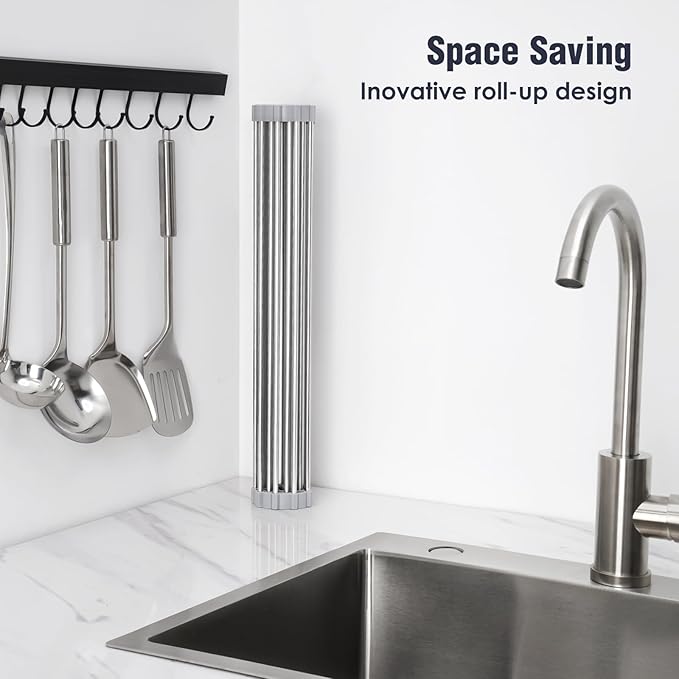 Tomorotec 21" x 15.5" Roll Up Dish Drying Rack Over Sink Drying Rack Sink Cover Kitchen Sink Accessories Gadget Multipurpose Organizer Foldable Stainless Steel Drainer