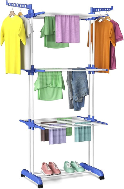 Clothes Drying Rack with Wheels, Multifunctional, 4 Levels, Foldable Stand, Space Saving with Wings Laundry Tower for Indoor and Outdoor Use (Blue White)