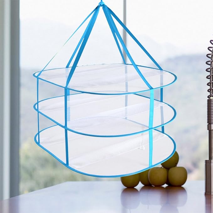 2-3 Tier Folded Mesh Clothes Drying Rack, Stackable Sweater Drying Rack, Portable Hanging Laundry Racks with Fixing Band for T-Shirt, Swimsuit, Underwear(Color:3 Tier)
