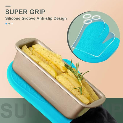sungwoo Extra Long Silicone Oven Mitts, Heat Resistant Oven Gloves with Quilted Liner Non-Slip Textured Grip Perfect for BBQ, Baking, Cooking and Grilling - 1 Pair 14.6 Inch Turquoise & Black