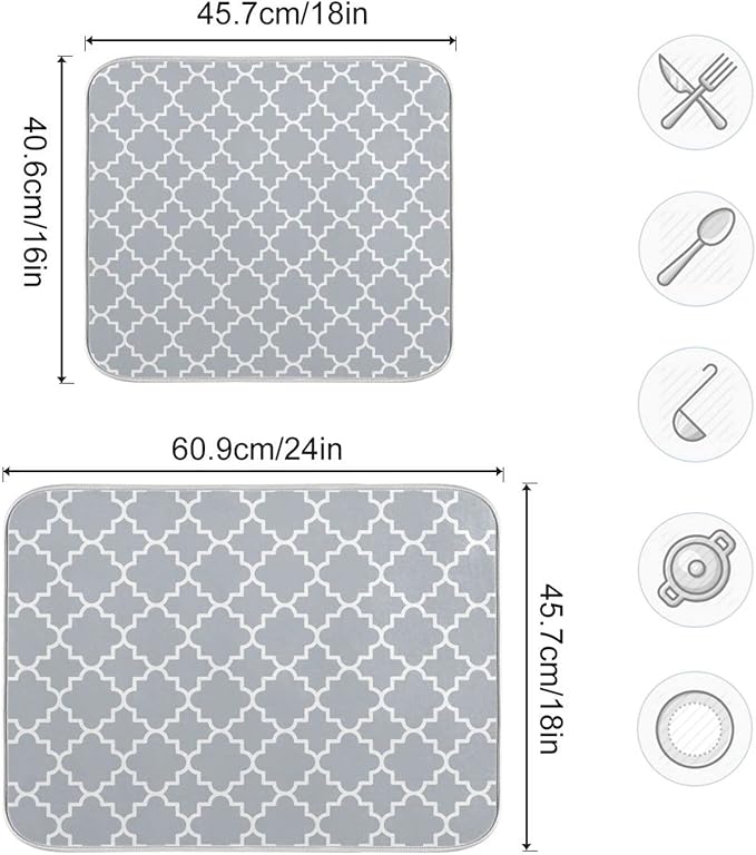 Super Absorbent Dish Drying Mat, Microfiber Fast-Drying Dish Mat, 16" x 18", Kitchen Dish Drying Pad, Grey Moroccan