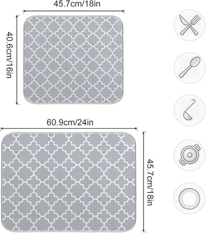 Super Absorbent Dish Drying Mat, Microfiber Fast-Drying Dish Mat, 24" x 18", Kitchen Dish Drying Pad, Grey Moroccan
