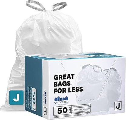 Plasticplace Custom Fit Trash Bags Compatible with Simplehuman Code J 50 Count White Drawstring Garbage Liners 10-10.5 Gallon 21"x28" Tear-Resistant LLDPE Bags for Kitchen Bathroom & Office