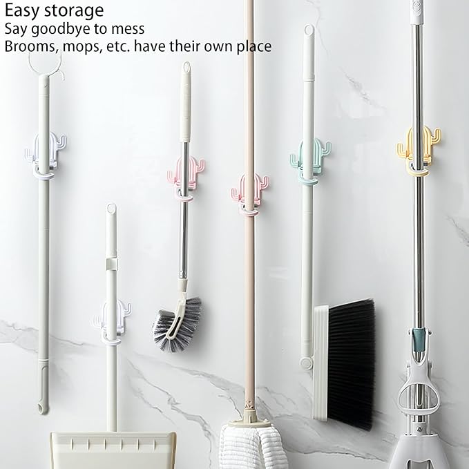 4 Pack Broom and Mop Holder Wall Mount，Cute Cactus Wall Utility Hooks No Drill Mop and Broom GripperDecorative Hanging Holder for Bathroom Kitchen