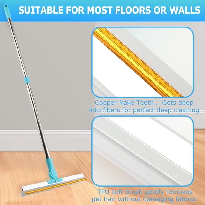 Carpet Rake for Pet Hair Removal, 1 Pet Hair Removal Tool with 2 Pet-Comb, 55” Reusable Dog-Hair Carpet Rake with Adjustable Long Handle, for Sofa, Couch, Car, Rug(Color:Blue)
