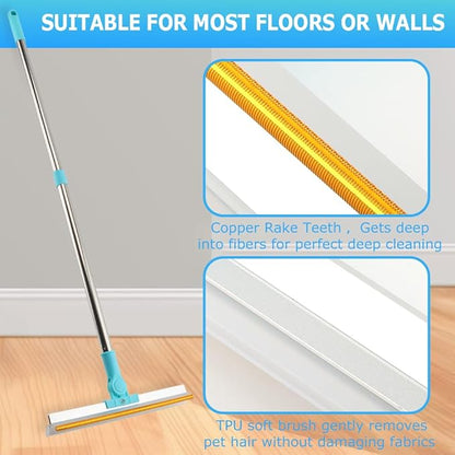 Carpet Rake for Pet Hair Removal, 1 Pet Hair Removal Tool with 2 Pet-Comb, 55” Reusable Dog-Hair Carpet Rake with Adjustable Long Handle, for Sofa, Couch, Car, Rug(Color:Blue)