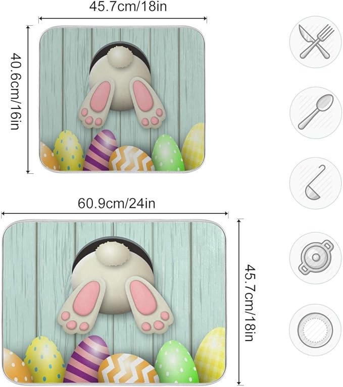 Happy Easter Eggs Bunny Tail Dish Drying Mat 16x18 for Kitchen Easter Day Rabbit Flowers Dishes Pad Dish Drainer Rack Mats Absorbent Fast Dry Kitchen Accessories