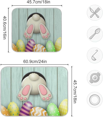 Happy Easter Eggs Bunny Tail Dish Drying Mat 18x24 for Kitchen Easter Day Rabbit Flowers Dishes Pad Dish Drainer Rack Mats Absorbent Fast Dry Kitchen Accessories