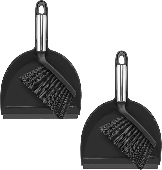 NACENA Mini Broom and Dustpan Set 2 Packs, Small Dust Pan and Brush Set with Handle Dustpan Teeth for Cleaning Hair Suitable for Office Desks Drawers Sofas Outdoor Camping, Black