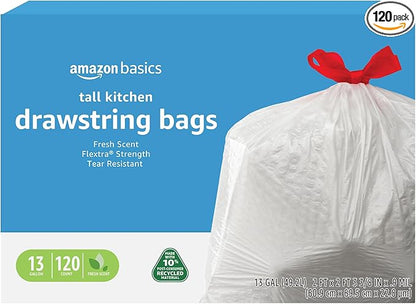 Amazon Basics 13 Gallon Tall Kitchen Drawstring Trash Bags, Flextra Strength, Clean Fresh Scent, Tear Resistant, 0.9 mil Thickness, 10% Post Consumer Recycled, 120 Count