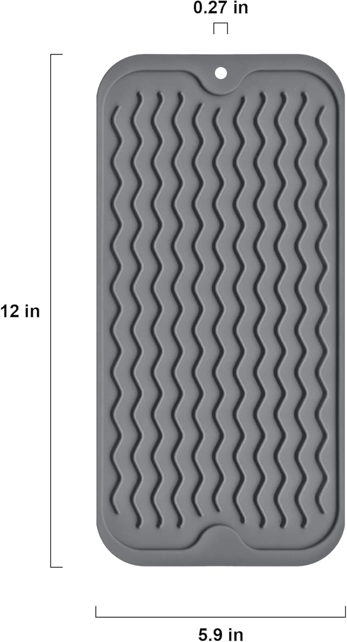 Silicone Dish Drying Mat, Non-Slip Easy Clean Sink Mat Large Heat-resistant Dish Drainer Mat for Kitchen Counter, Sink, Refrigerator or Drawer liner (12" x 6", GREY)